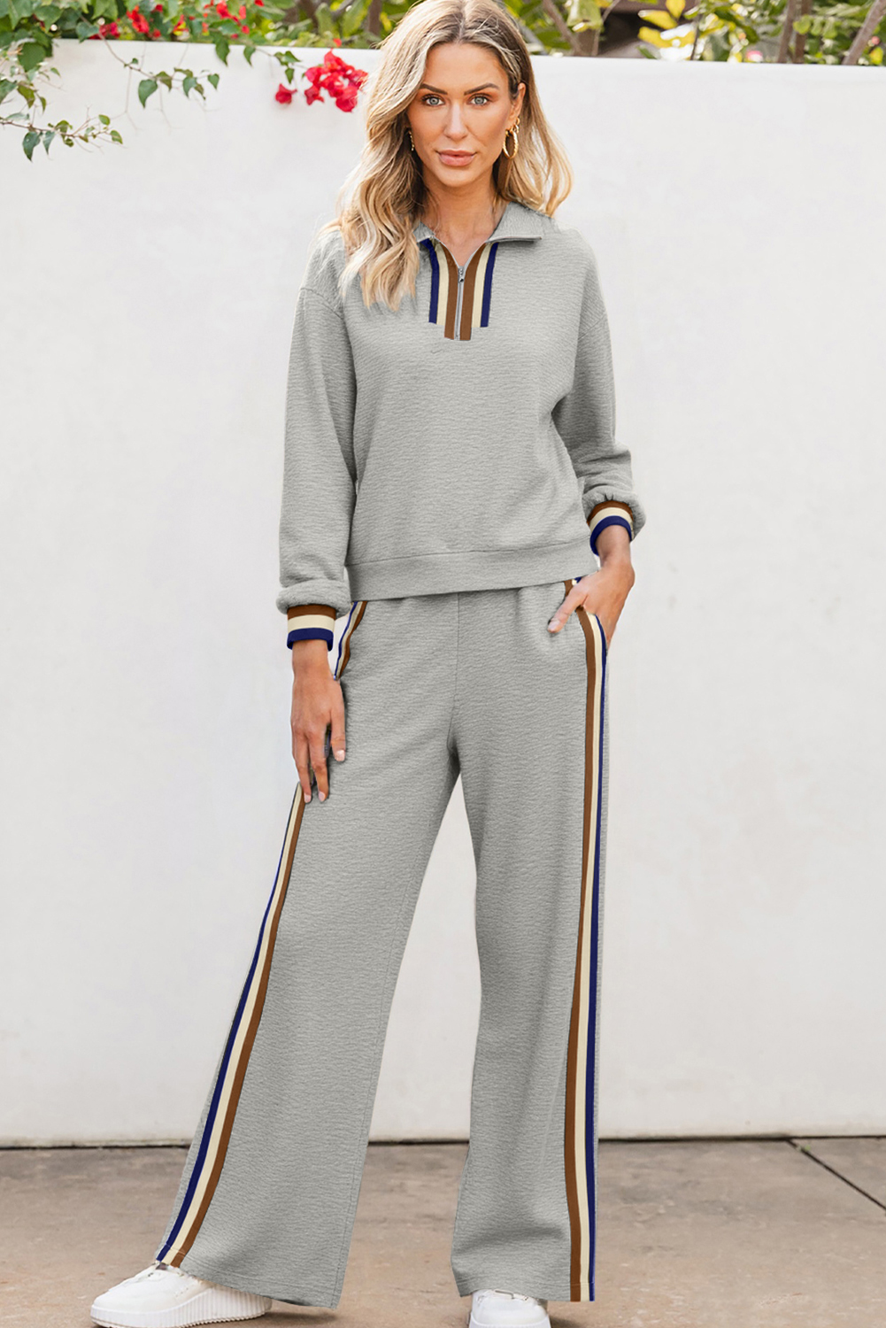 Gray Striped Patchwork Quarter Zip Pullover Loose Pant Set - Image 3