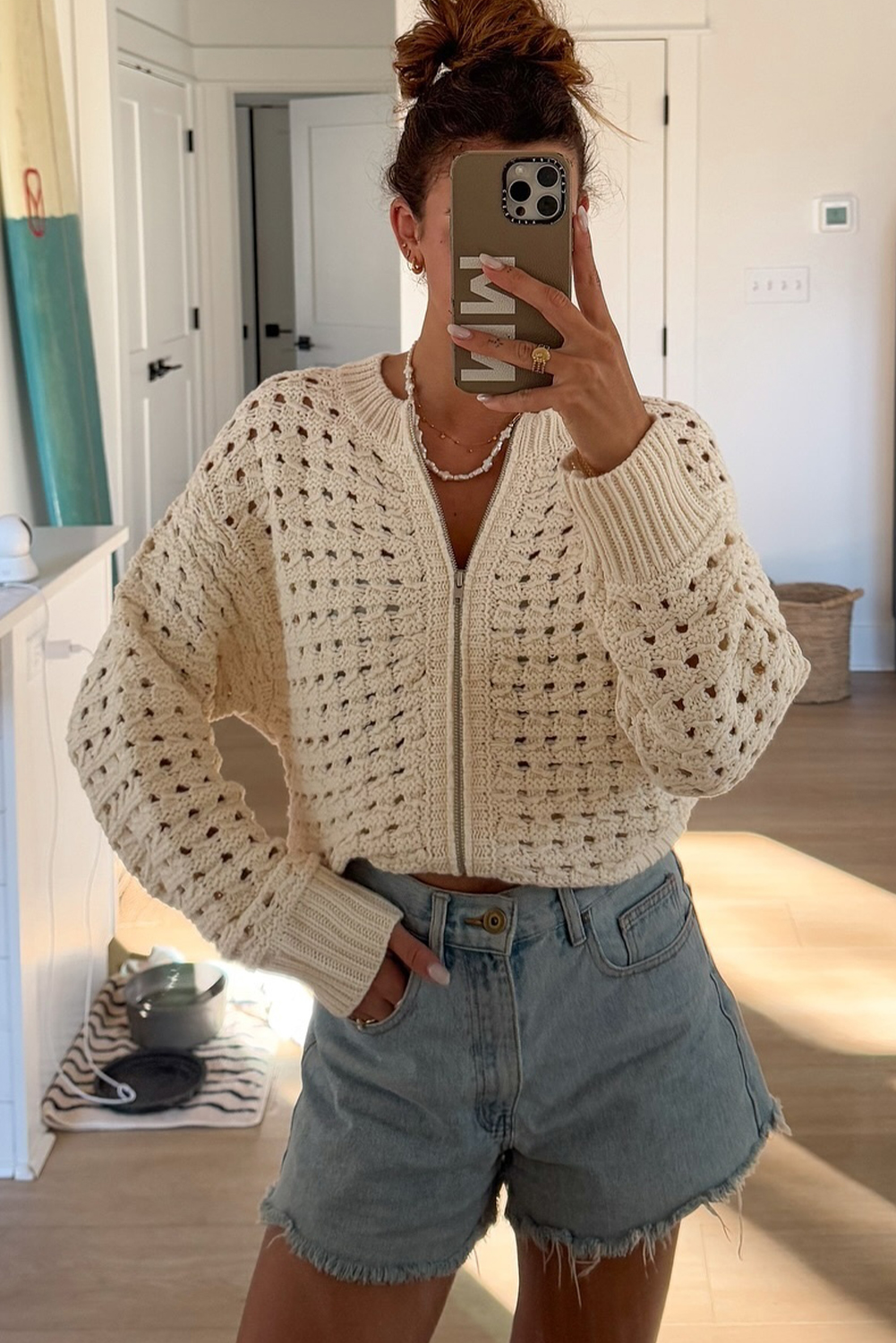 Beige Hollowed Pattern Knit Zip Up Drop Shoulder Sweater Cardigan - Image 2