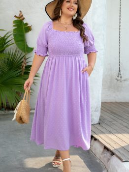 Wisteria Swiss Dot Smocked Frilled Neckline Short Sleeve Plus Size Dress