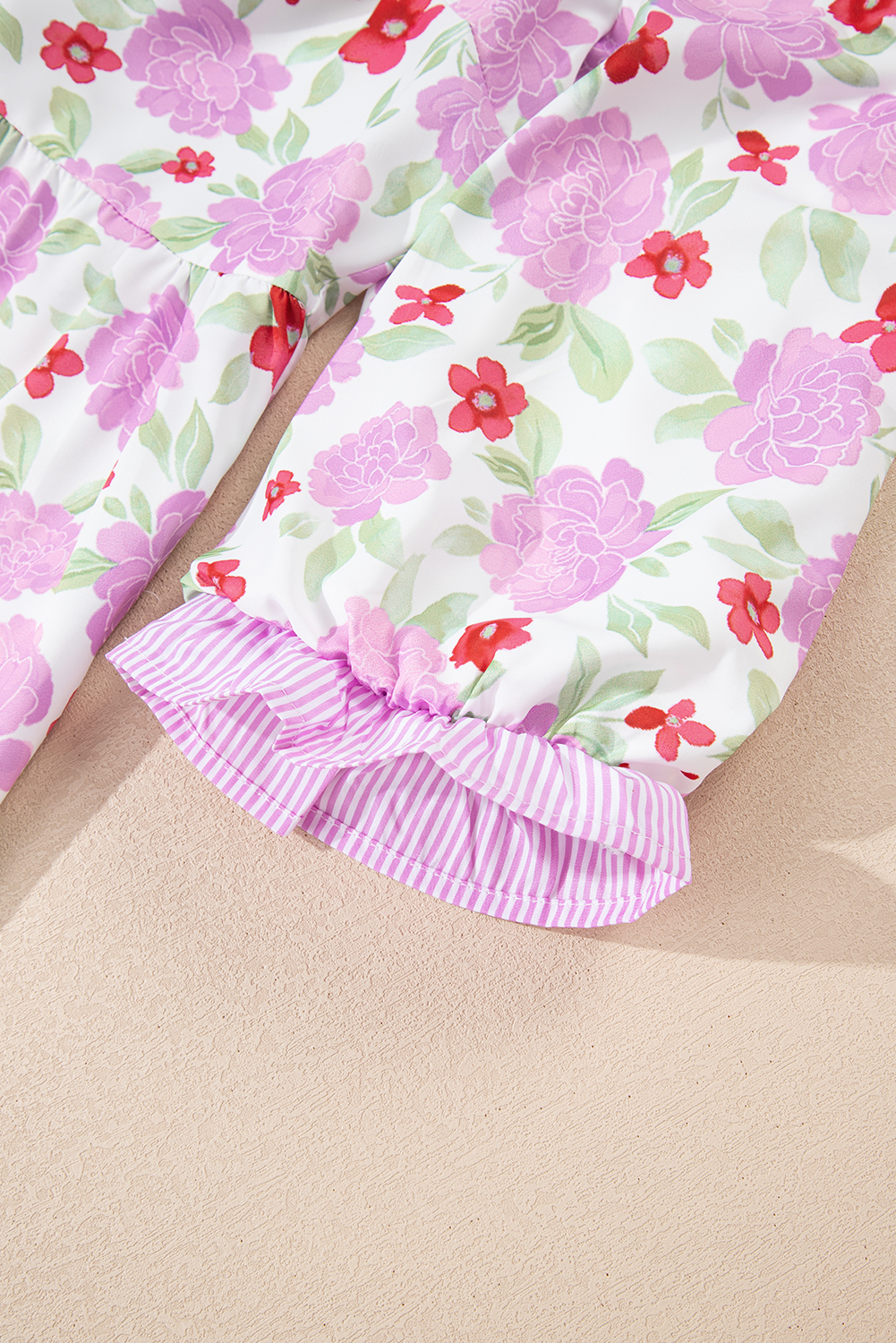 Pink Floral Print Striped Trim Frilled Neck 3/4 Sleeve Flared Mini Dress - Image 7