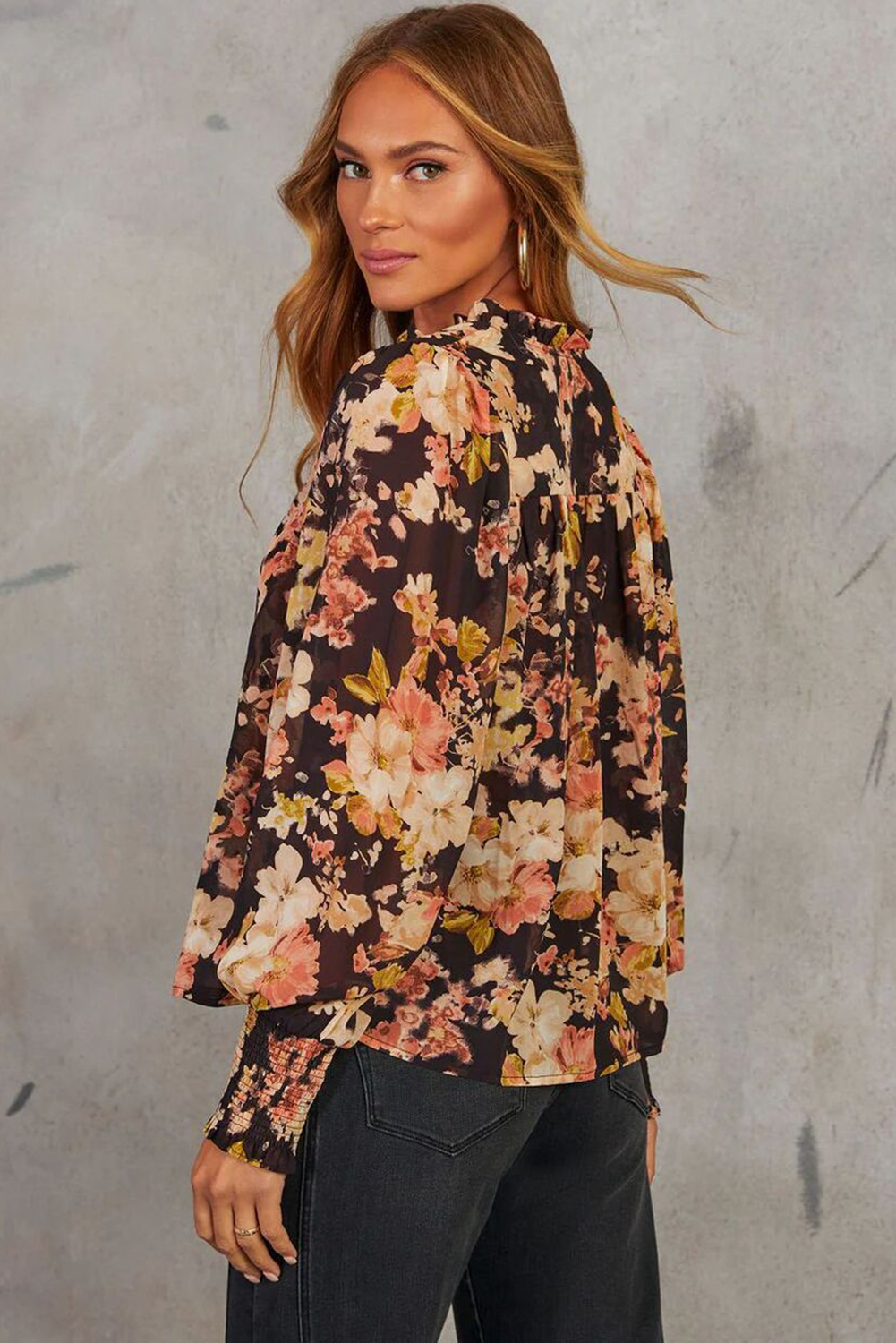 Black Floral V Neck Long Puff Sleeve Breezy Blouse - Image 2