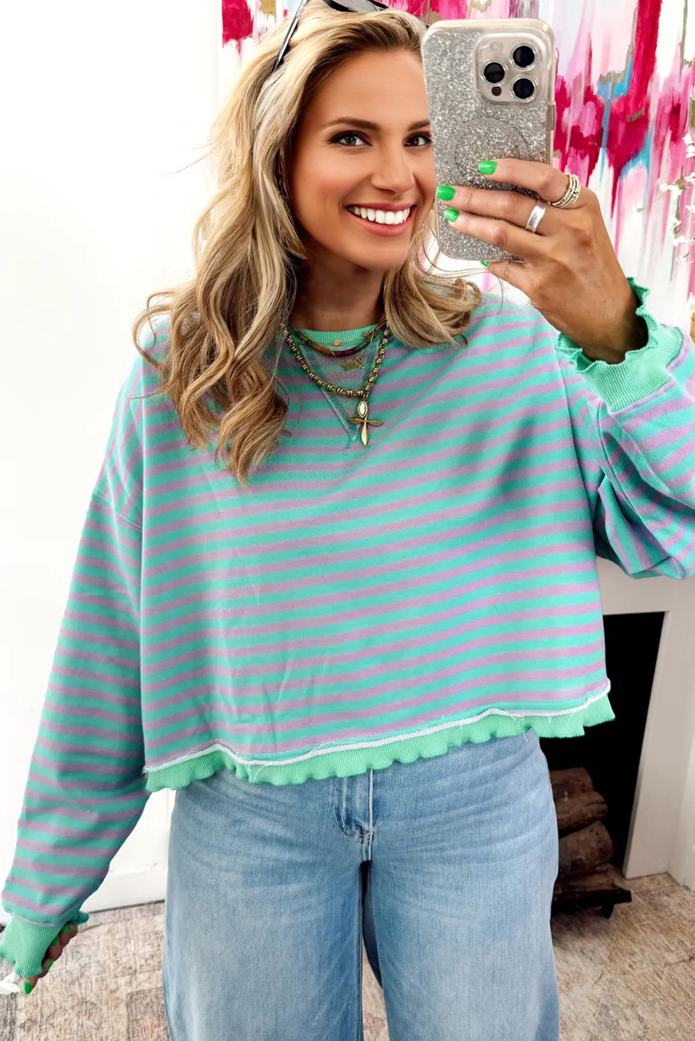 Green Stripe Exposed Seam Contrast Ribbed Trim Oversize Sweatshirt - Image 2