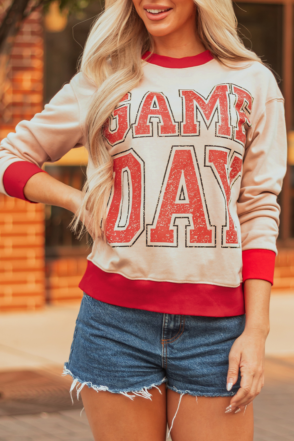 Oatmeal GAME DAY Letter Graphic Varsity Striped Detail Baggy Sweatshirt - Image 8