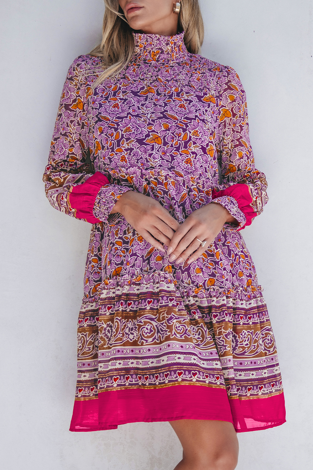 Purple Floral Smocked Puff Sleeve High Neck Mini Dress - Image 6