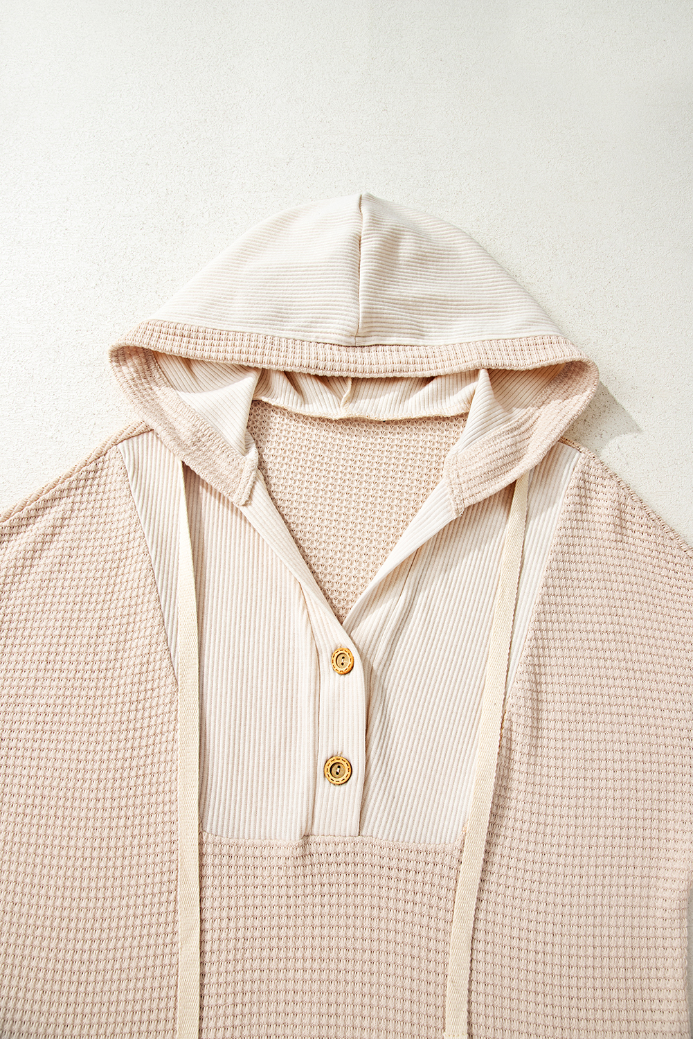 Oatmeal Waffle Patchwork Drop Shoulder Hooded Long Sleeve Top - Image 7