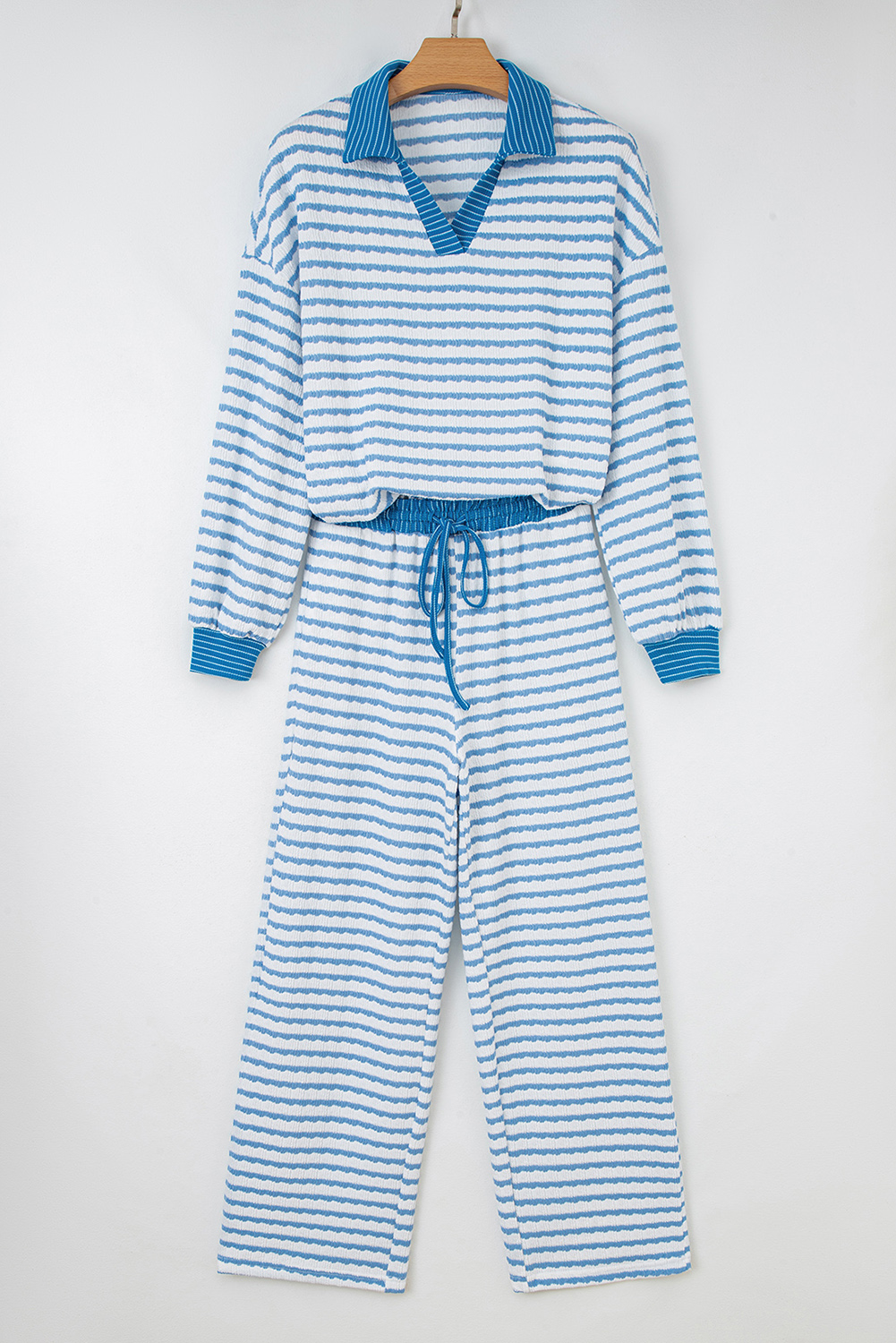 Sky Blue Stripe Collared Pullover Top and Drawstring Pant Set - Image 7