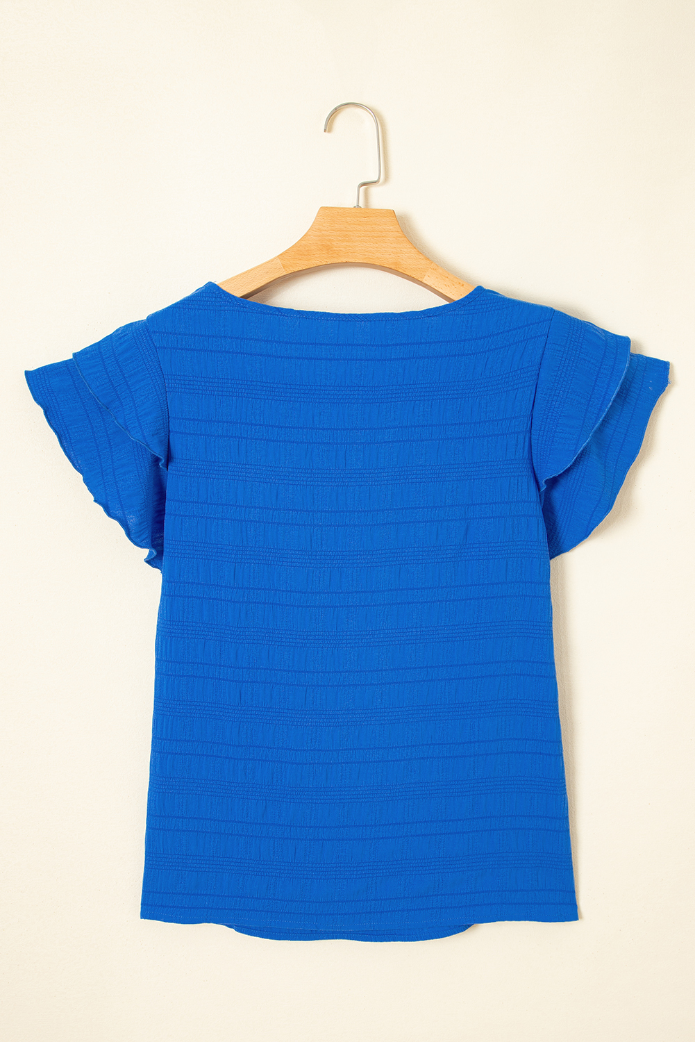 Dark Blue Textured Ruffled Sleeve Round Neck Top - Image 5