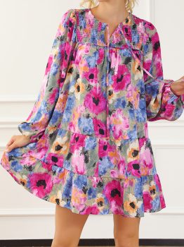 Multicolour Floral Tie Neck Bubble Sleeve Shift Dress