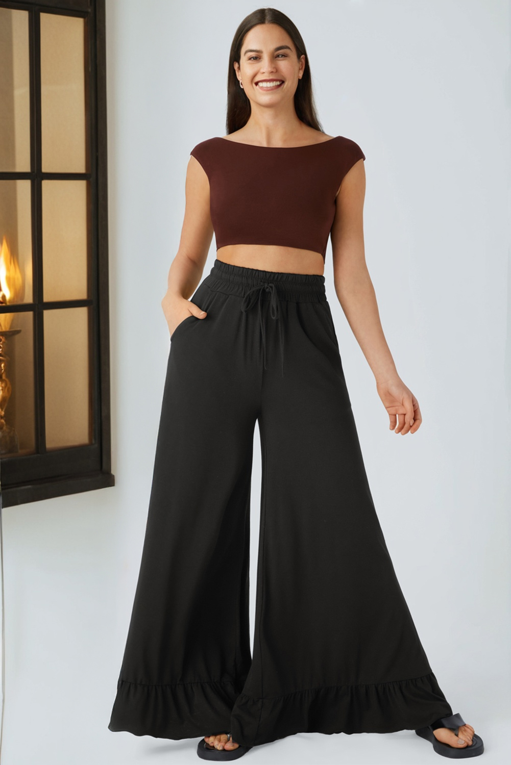 Black Ruffled Wide Leg Pull On High Waist Pants with Pockets - Image 2