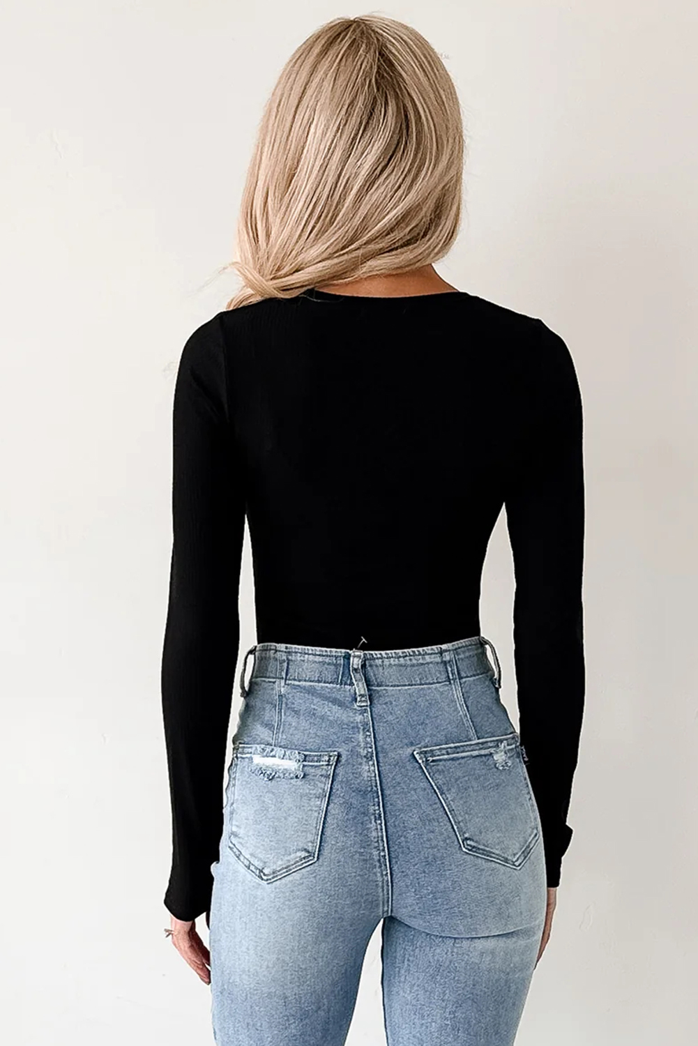 Black Ribbed Long Sleeve Crew Neck Solid Color Bodysuit - Image 2