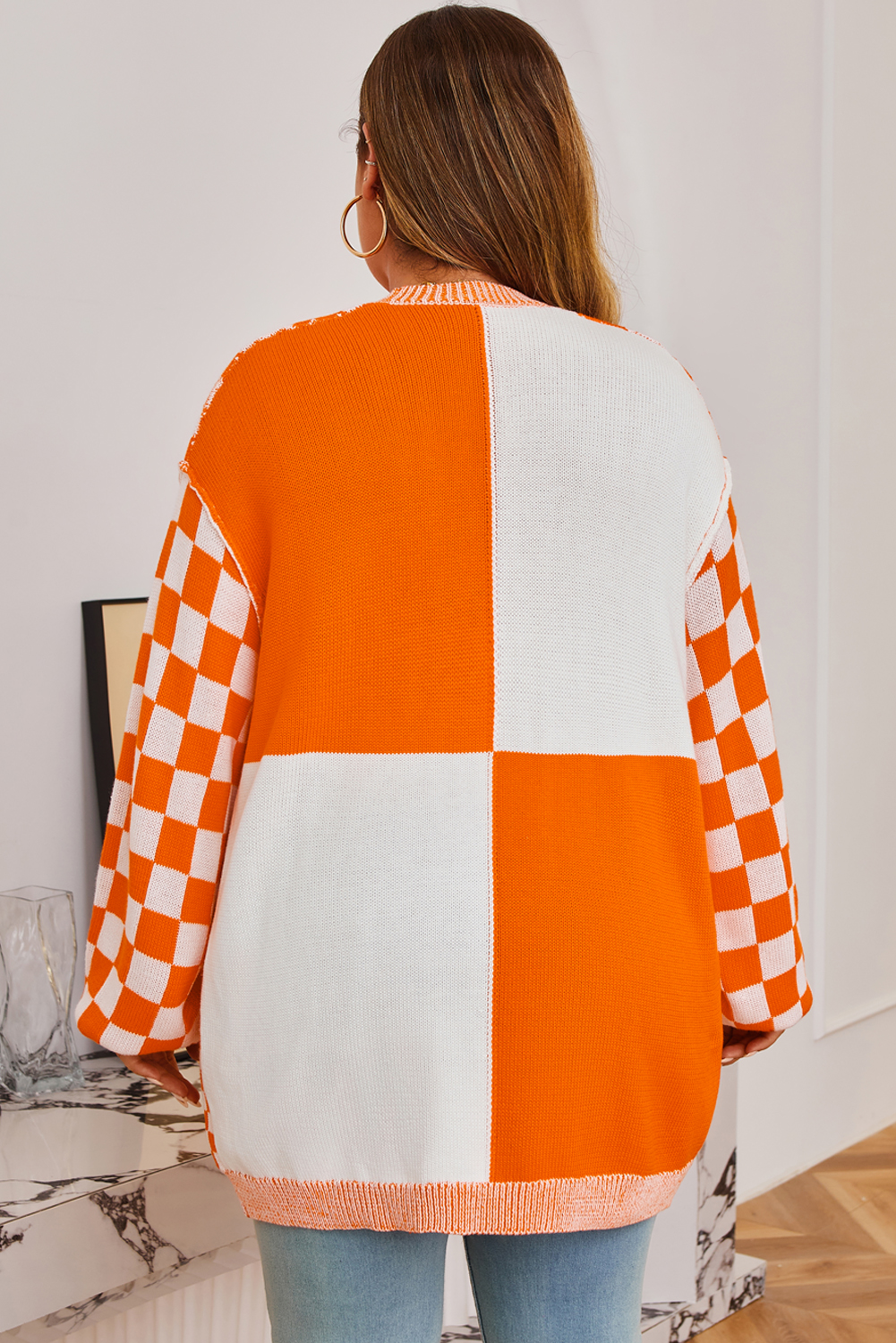 Orange Plus Size Checkered Bubble Sleeve Drop Shoulder Open Cardigan - Image 2