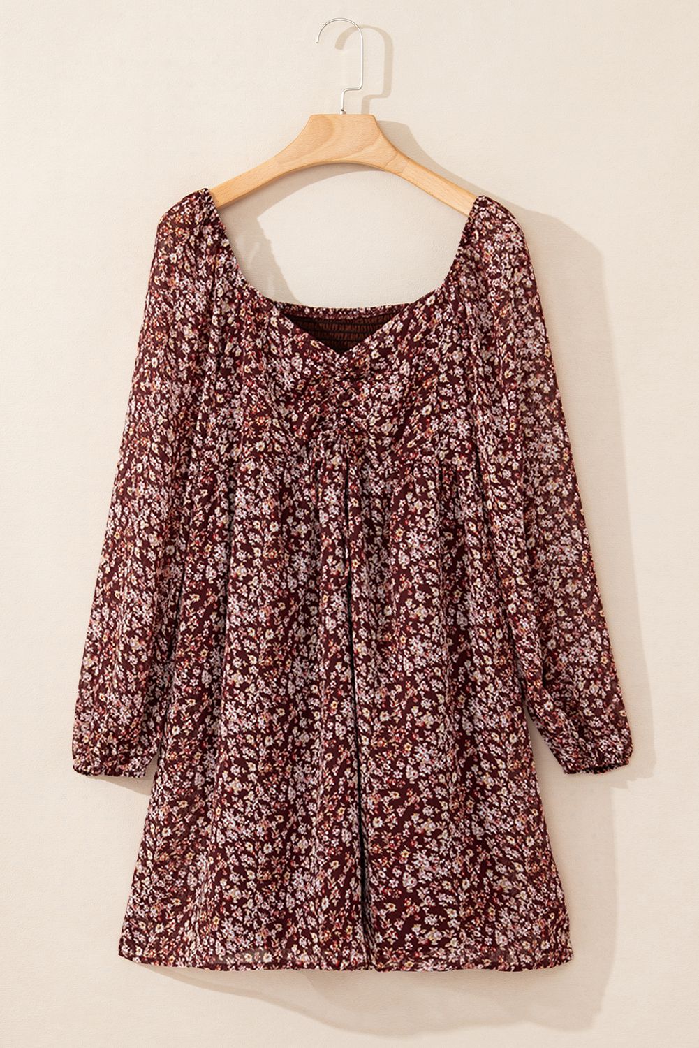 Red Floral Print Sweetheart Neck Shirred Back Mini Dress - Image 4