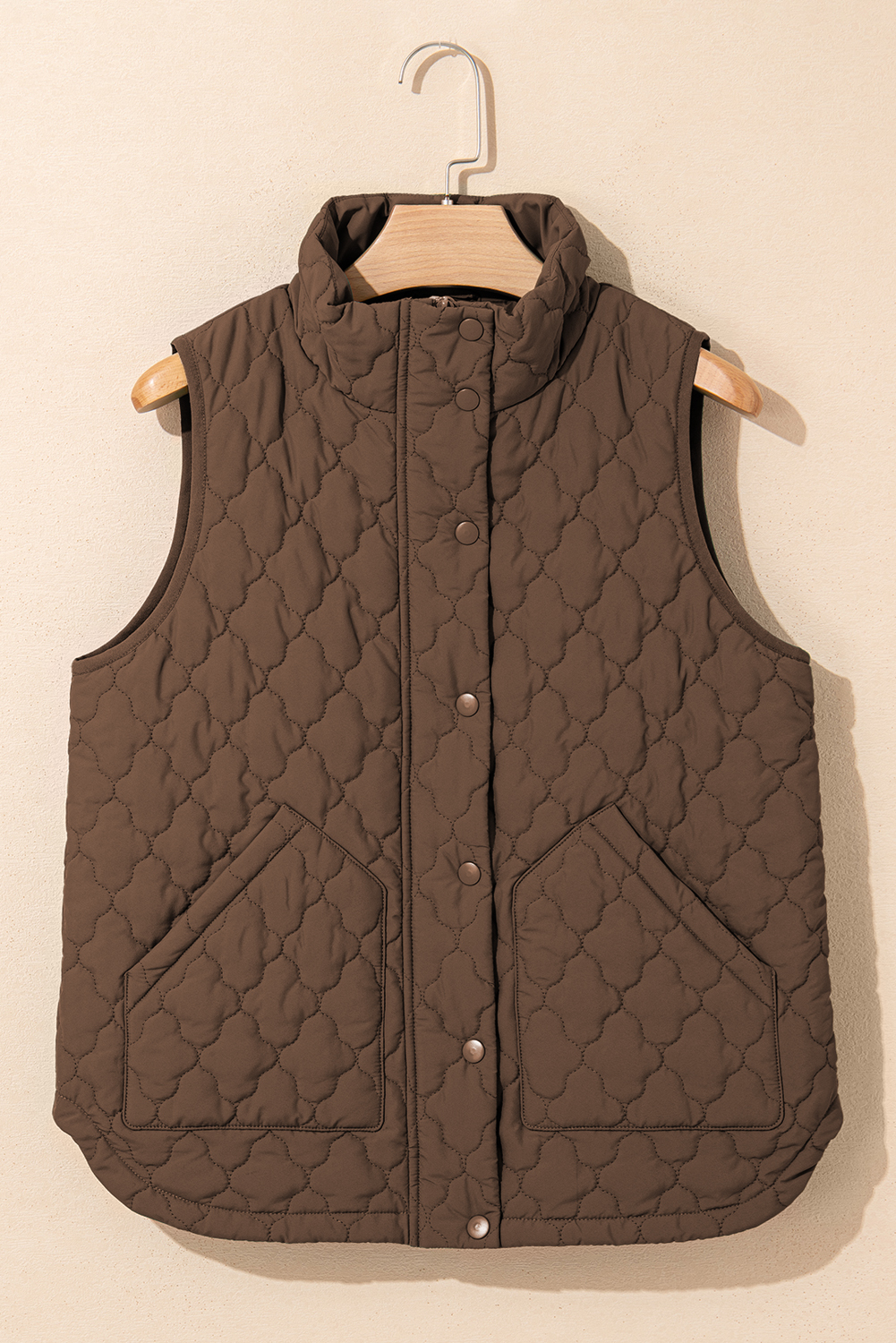 Dark Brown Flower Shape Quilted Snap Button Zip Up Winter Vest - Image 7