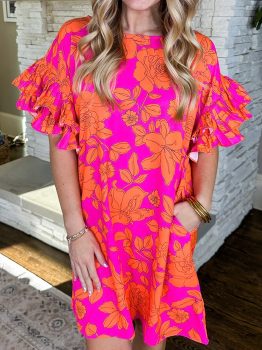 Pink Voluminous Ruffled Sleeve Floral Dress