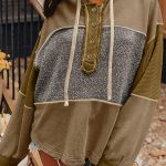Jungle Green Mixed Texture Patchwork Exposed Seam Half Button Pullover Hooded Sweatshirt