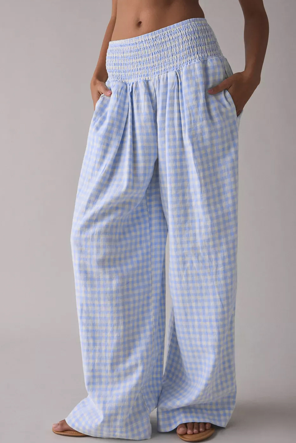 Myosotis Plaid Print Smocked High Waist Womens Loose Pants - Image 3