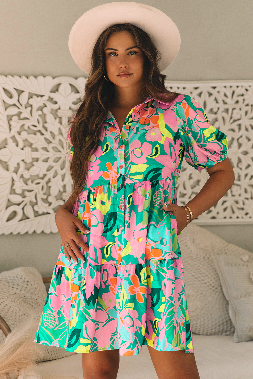 Green Floral Puff Sleeve Collar Buttoned Babydoll Dress - Image 4