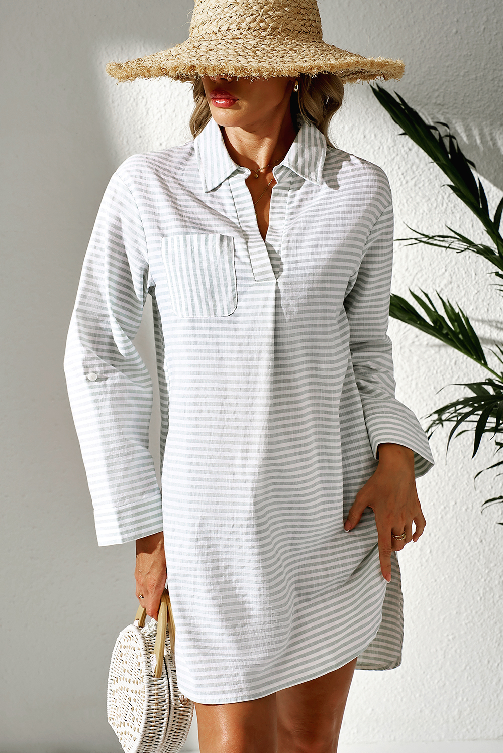 White Stripe Collared V Neck Chest Pocket Long Sleeve Beach Cover up - Image 4