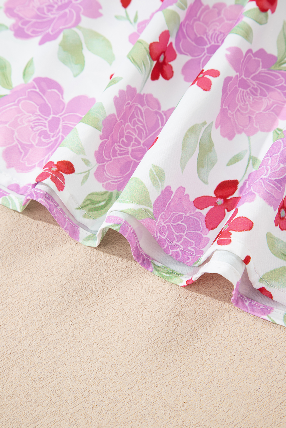 Pink Floral Print Striped Trim Frilled Neck 3/4 Sleeve Flared Mini Dress - Image 8