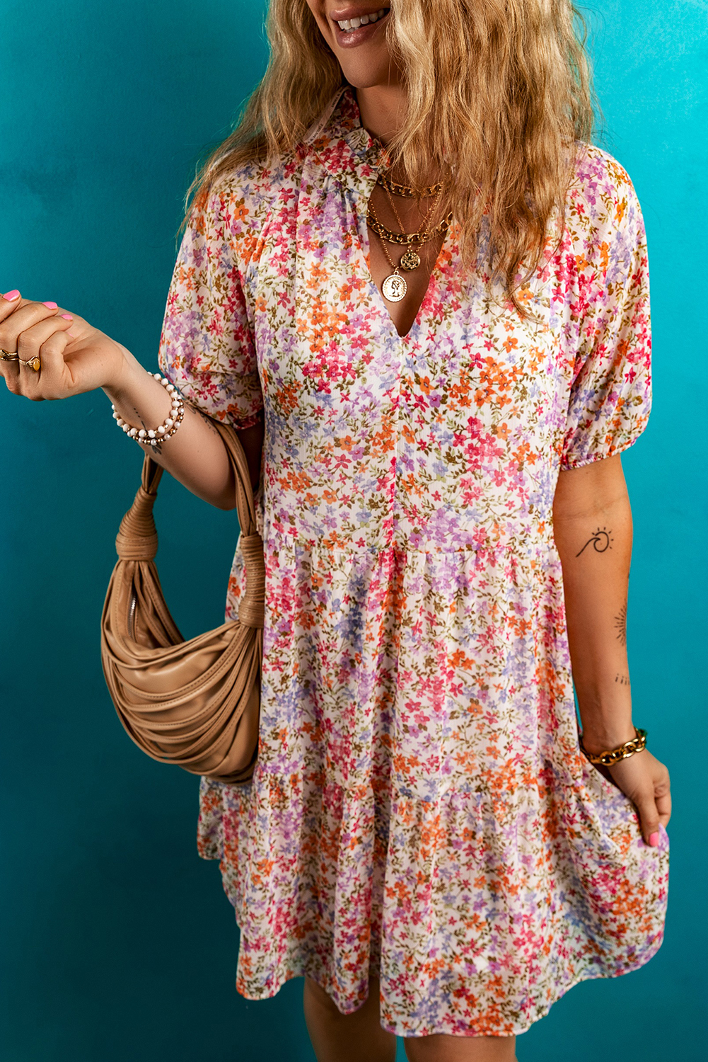 Red Floral Puff Sleeve Notched V Neck Tiered Mini Dress - Image 5