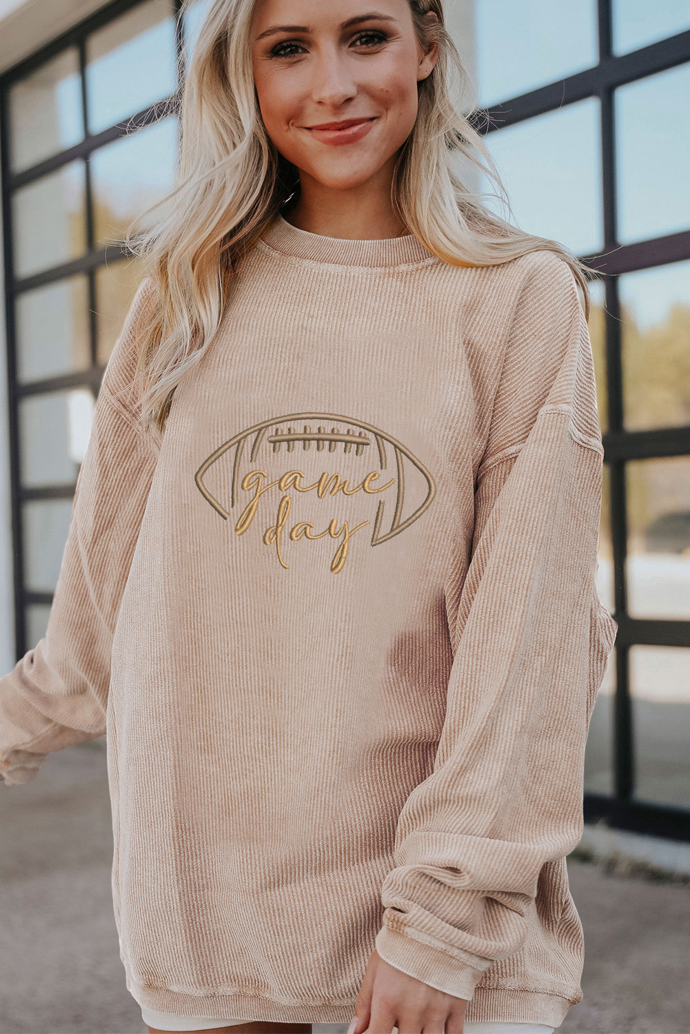 Apricot Rugby Game Day Embroidered Corduroy Sweatshirt - Image 3