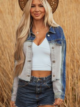 Dusk Blue Color Block Patchwork Flap Detail Distress Denim Jacket