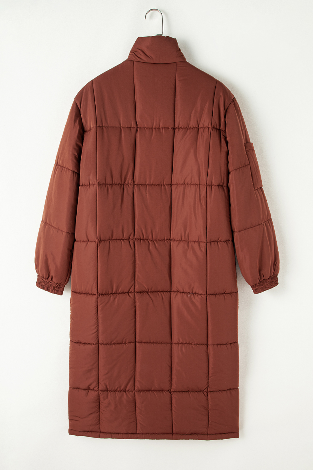 Coffee Quilted Puffer Stand Neck Zipped Mid-length Coat - Image 7