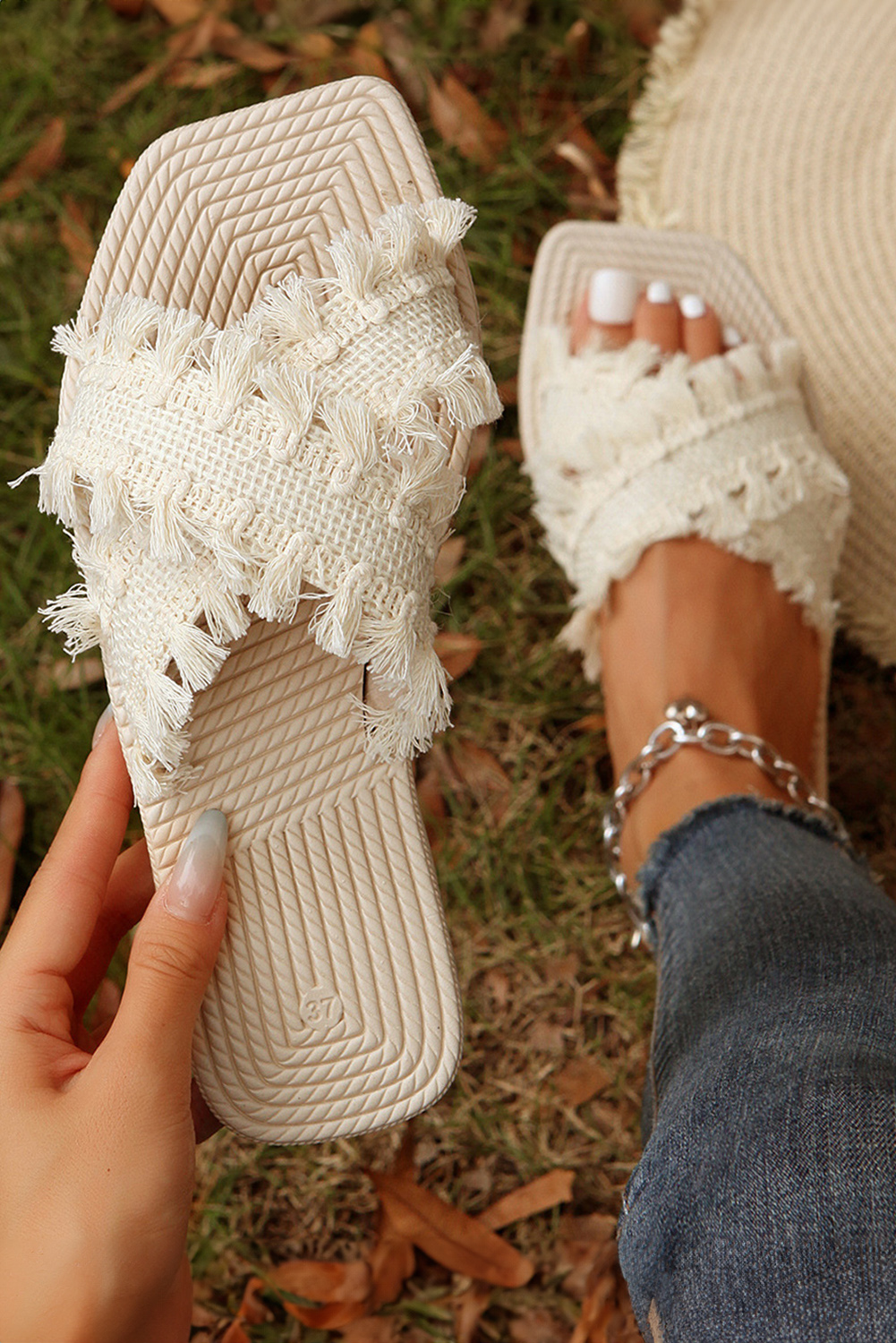 Beige Tassel Woven Crossed Straps Flat Slippers - Image 3
