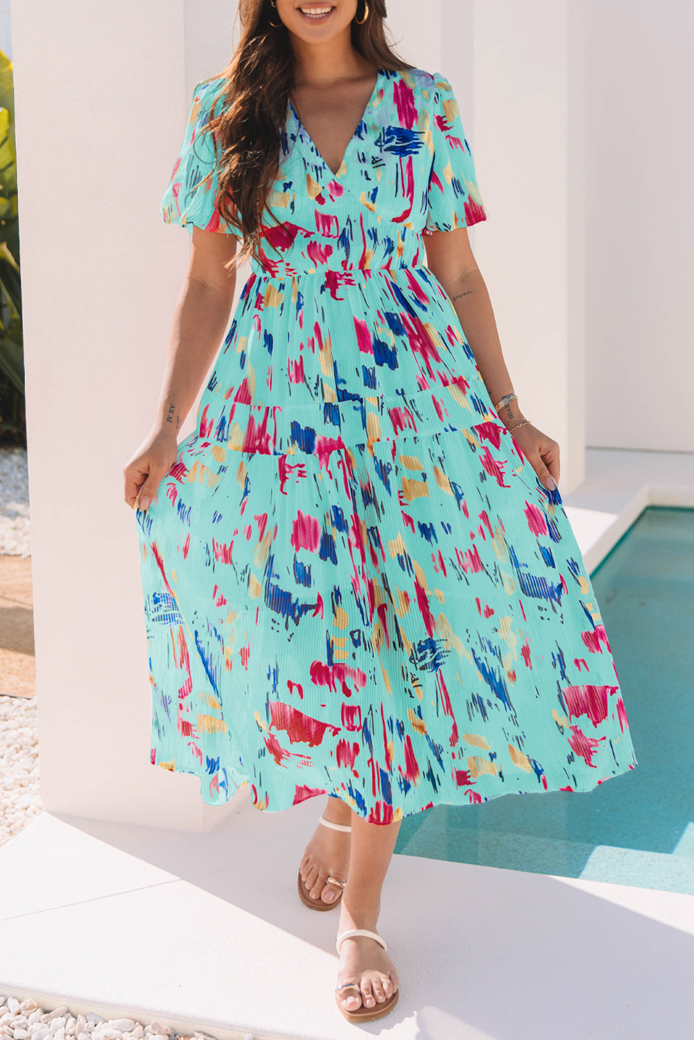 Sky Blue Abstract Print Short Puff Sleeve Tiered Maxi Dress - Image 7