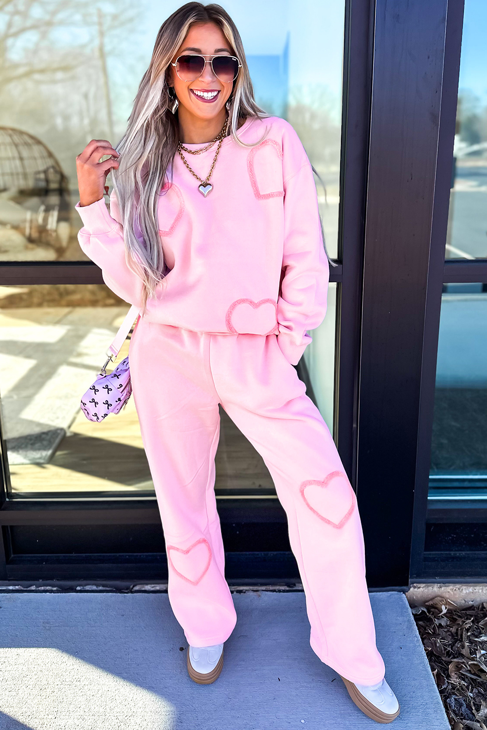 Phalaenopsis Chenille Heart Pattern Casual 2pcs Pants Set - Image 6