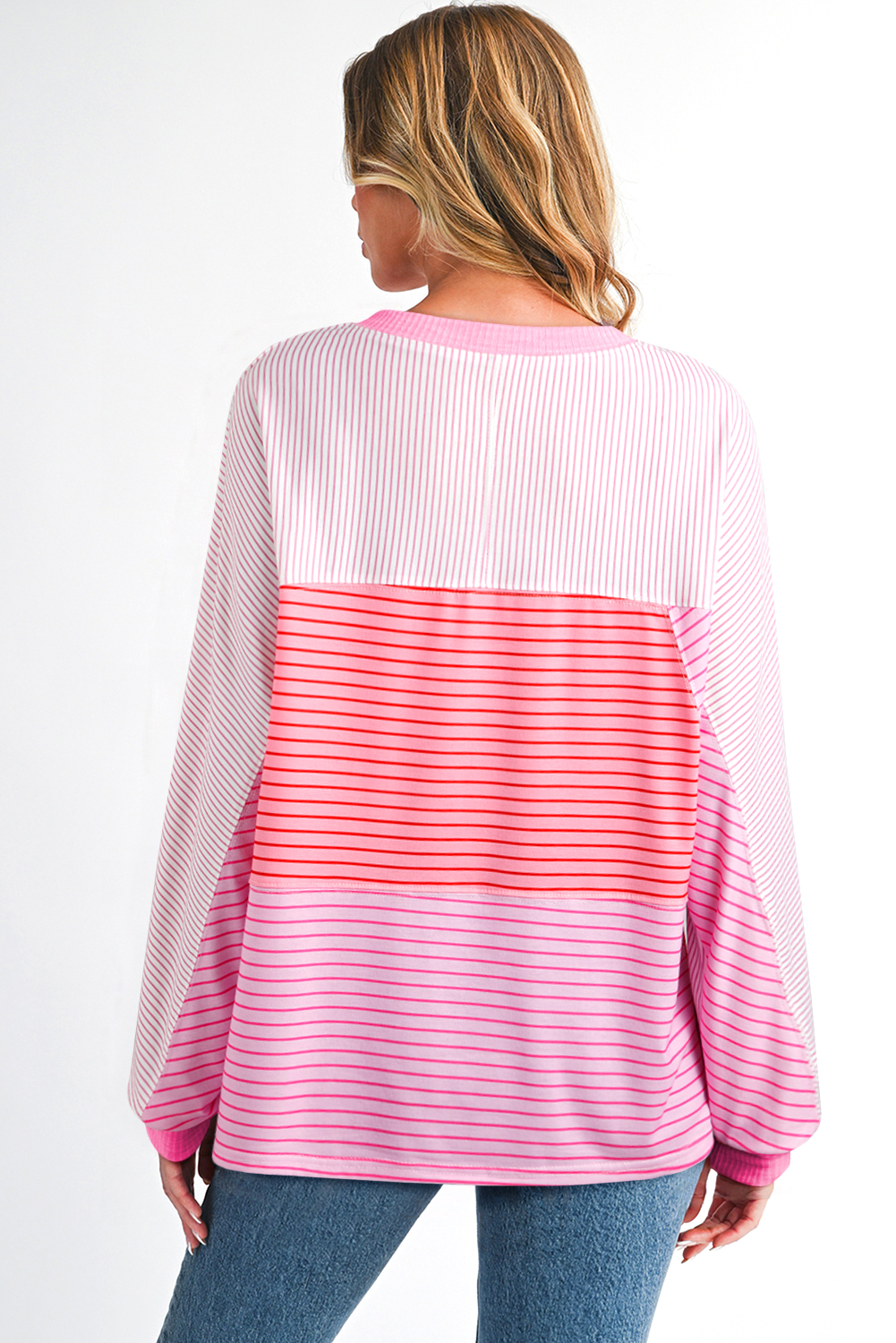 Sachet Pink Striped Colorblock Exposed Seam Casual Long Sleeve Top - Image 2