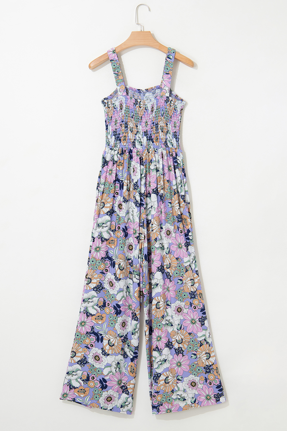 Purple Floral Print Smocked High Waist Square Neck Jumpsuit - Image 4