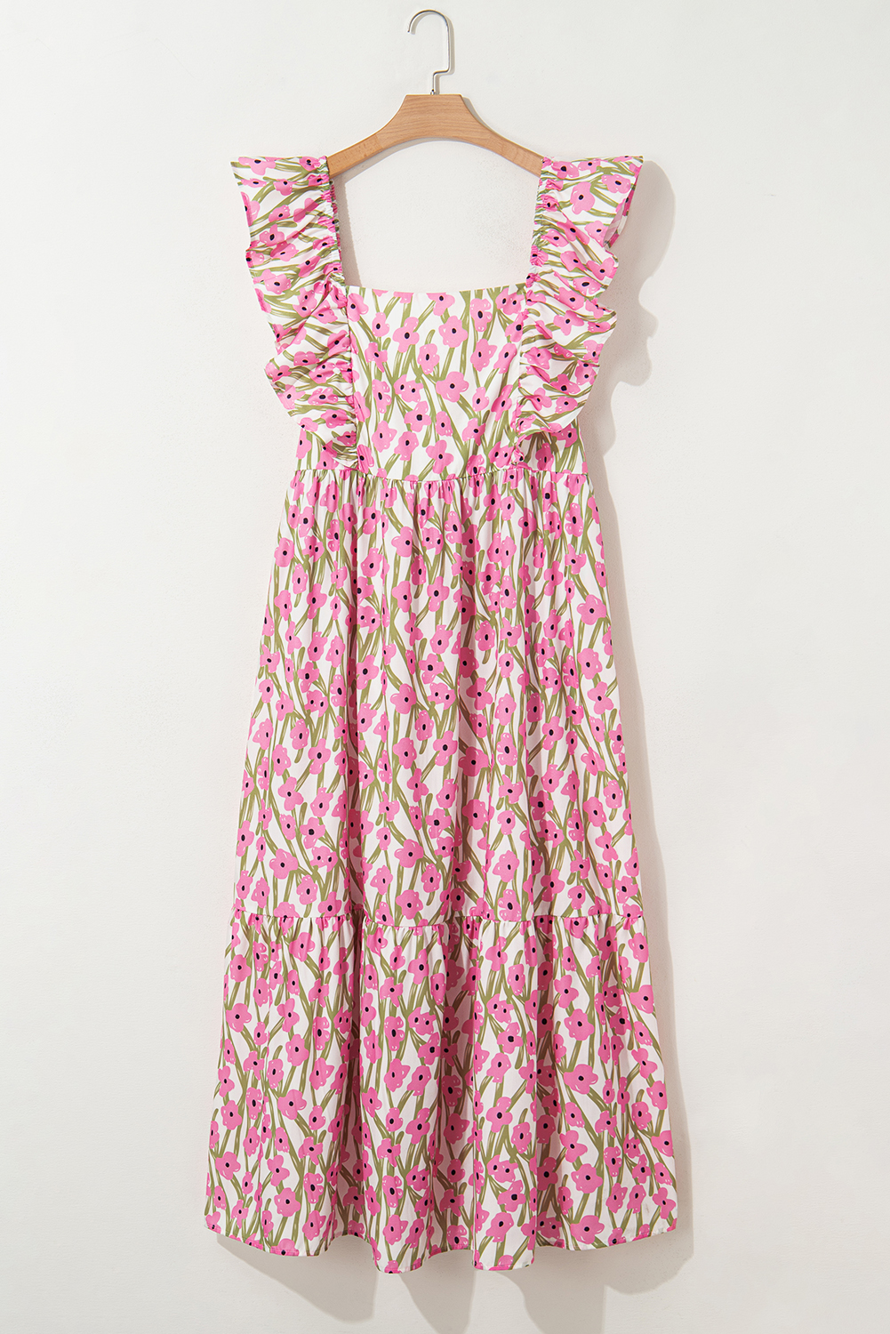 Pink Plus Size Ruffle Trim Square Neck High Waist Floral Maxi Dress - Image 4
