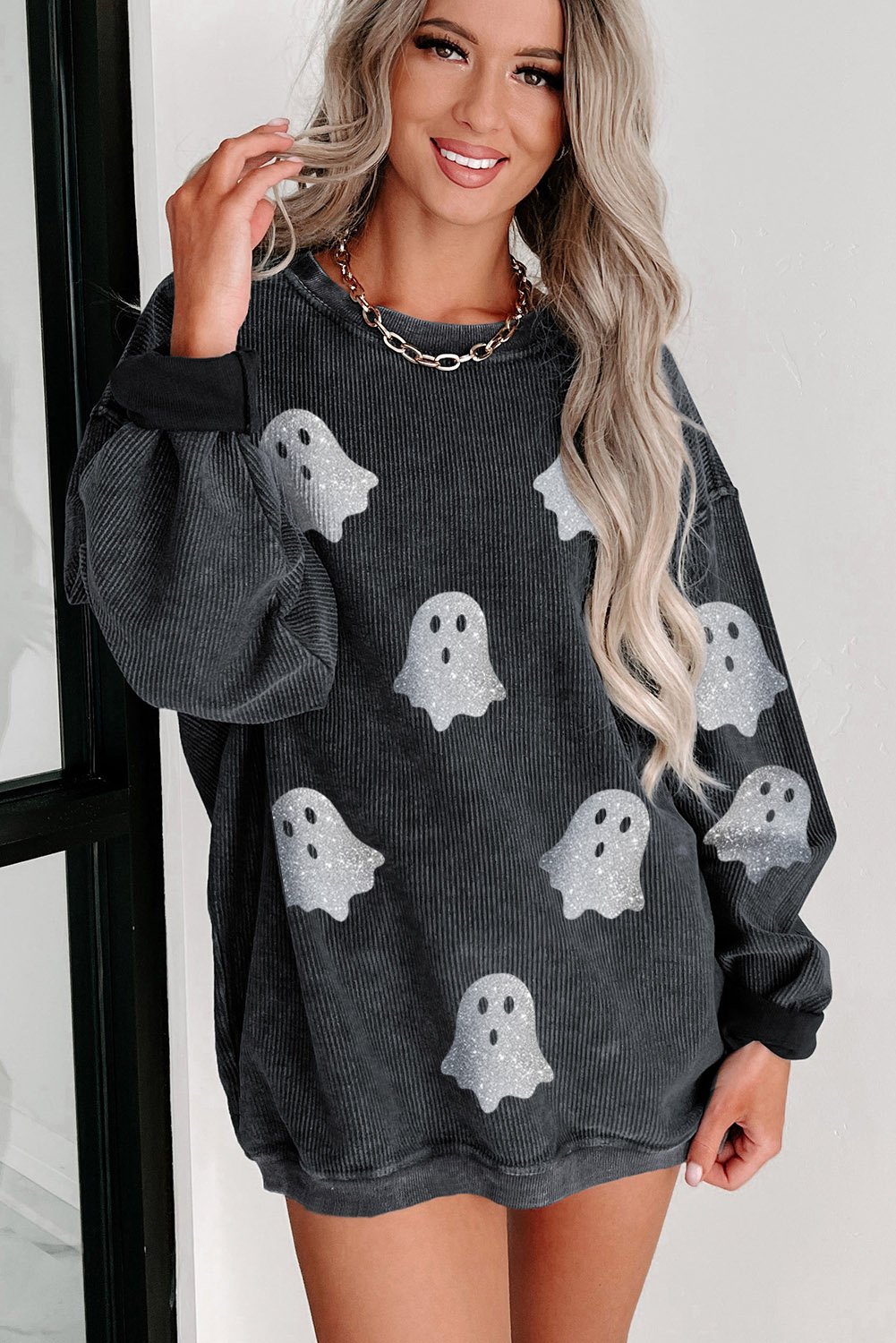 Black Halloween Ghost Corded Crew Neck Loose Sweatshirt - Image 2