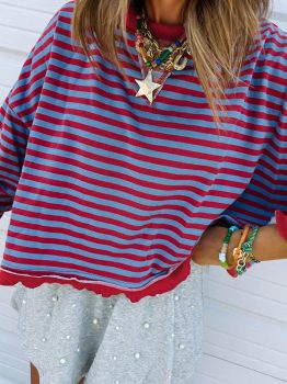 Red Stripe Exposed Seam Contrast Ribbed Trim Oversize Sweatshirt