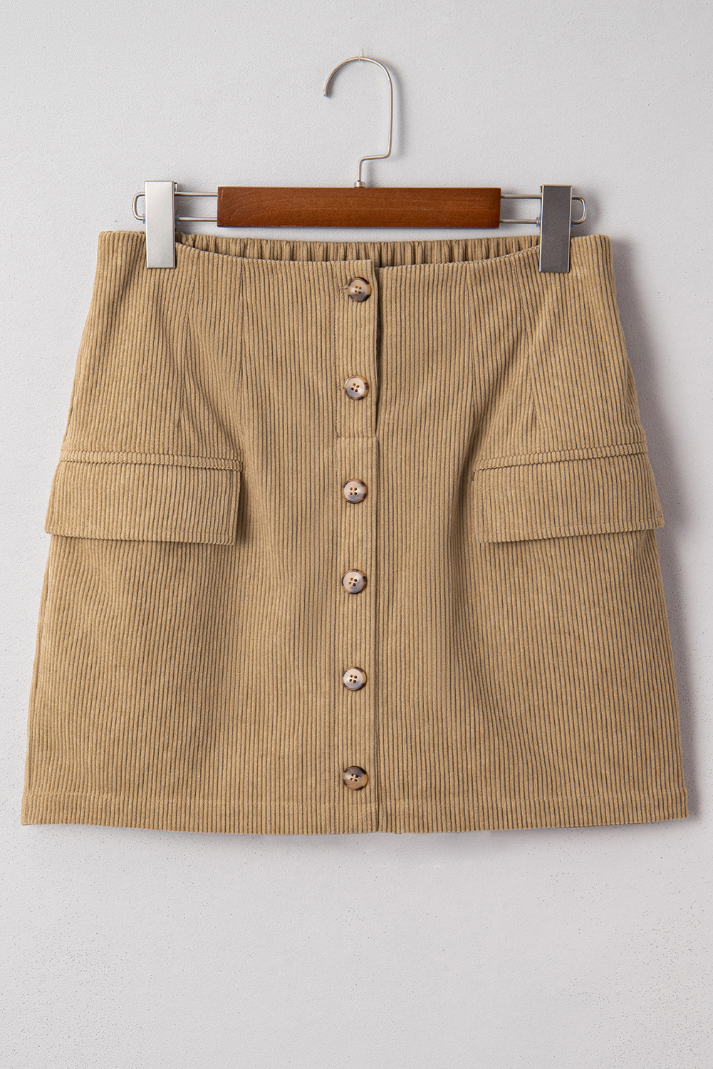 Camel Corduroy Buttoned Front Faux Pockets Mini Skirt - Image 2