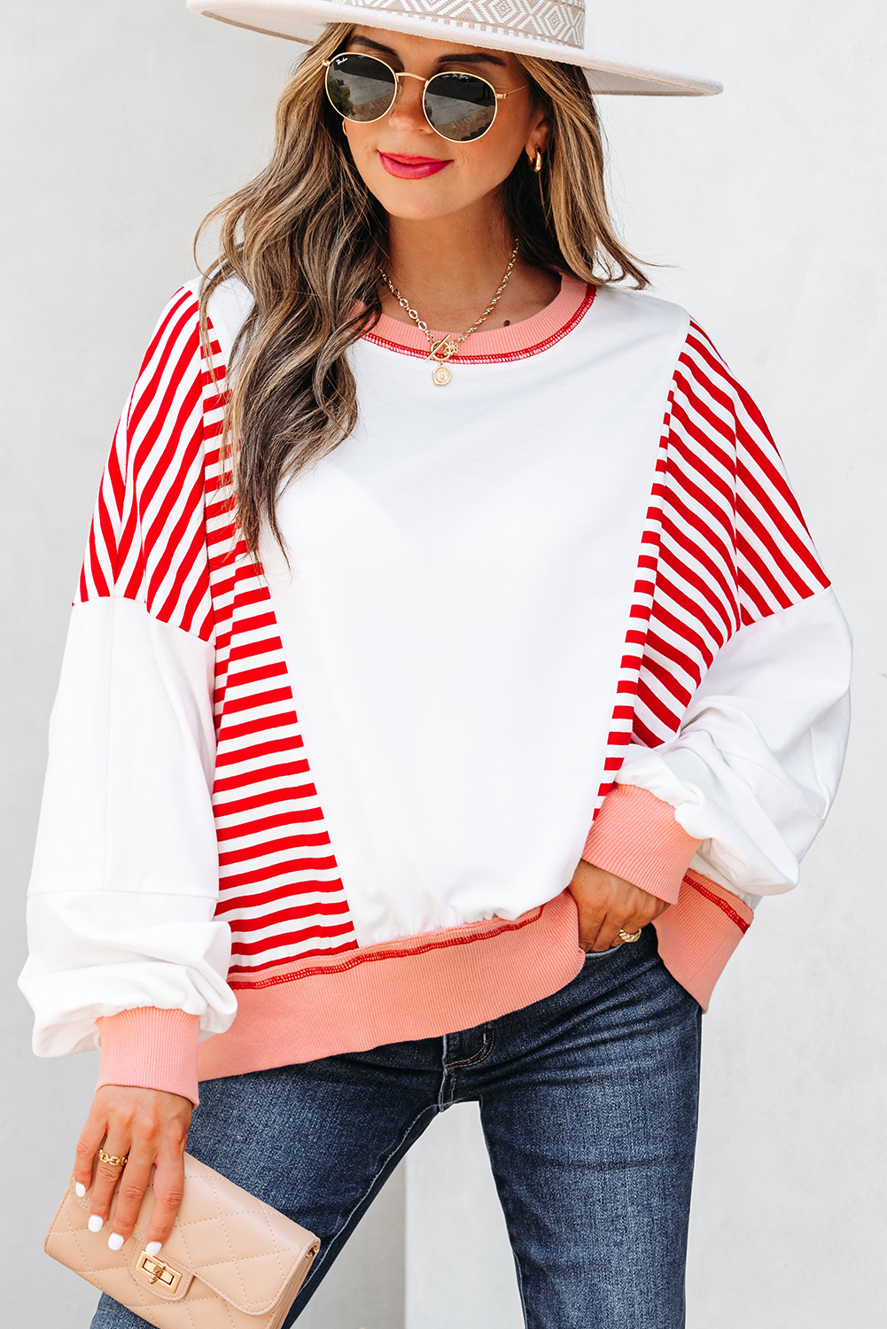 Red Stripe Colorblock Patchwork Contrast Stitching Oversize Sweatshirt - Image 5