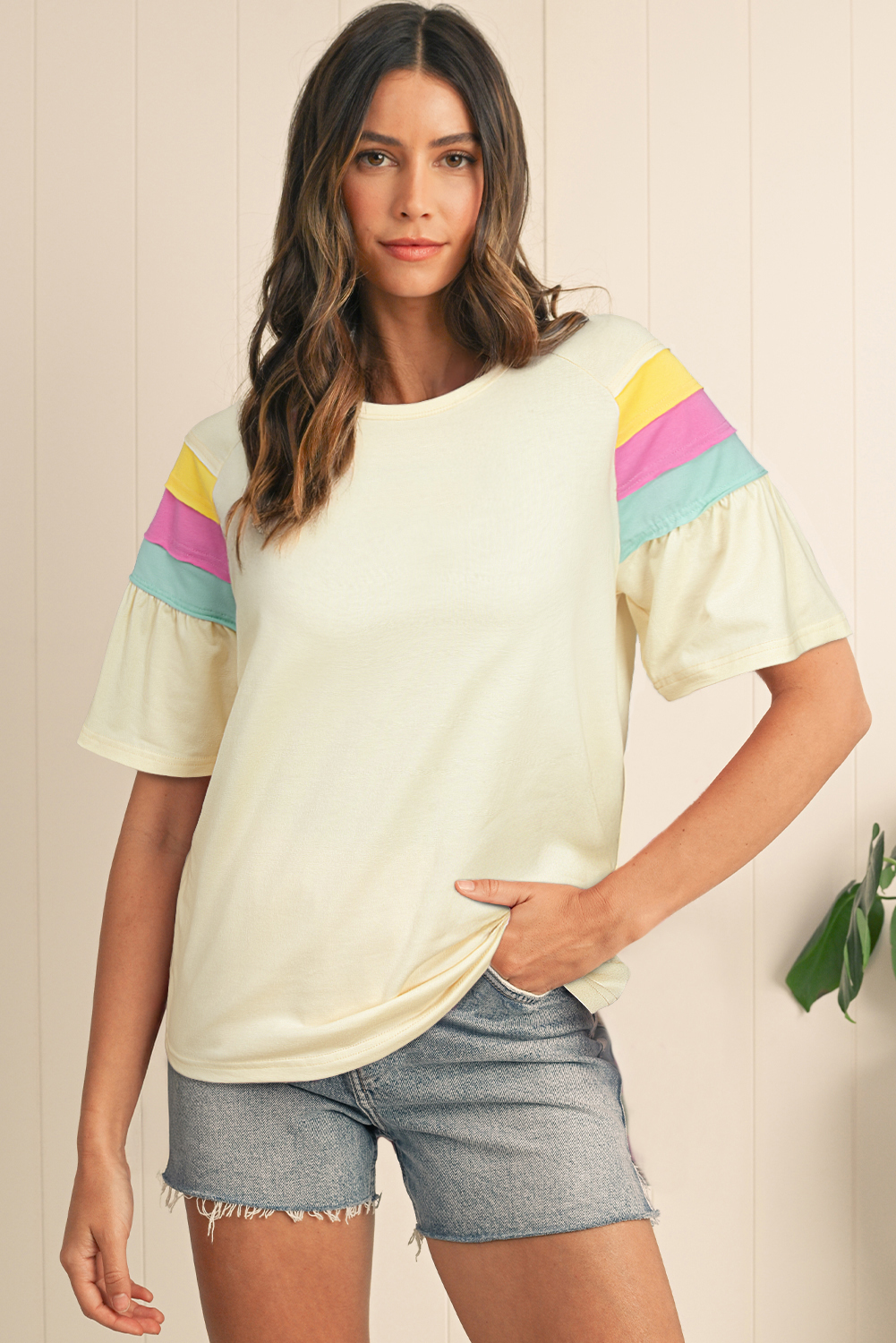White Color Block Stitched Sleeve Loose T Shirt - Image 3