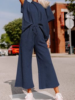 Navy Blue Textured Loose Fit T Shirt and Drawstring Pants Set