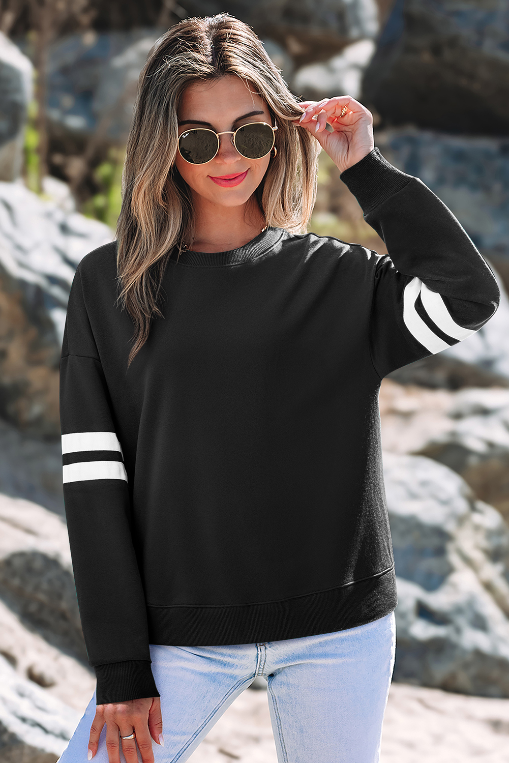 Black Varsity Striped Detail Drop Shoulder Oversized Sweatshirt - Image 6