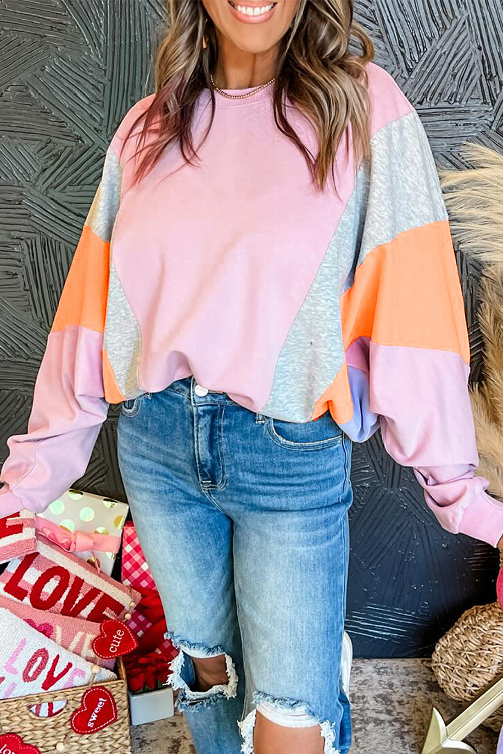 Light Pink Color Block Batwing Sleeve Loose Fit Sweatshirt - Image 3
