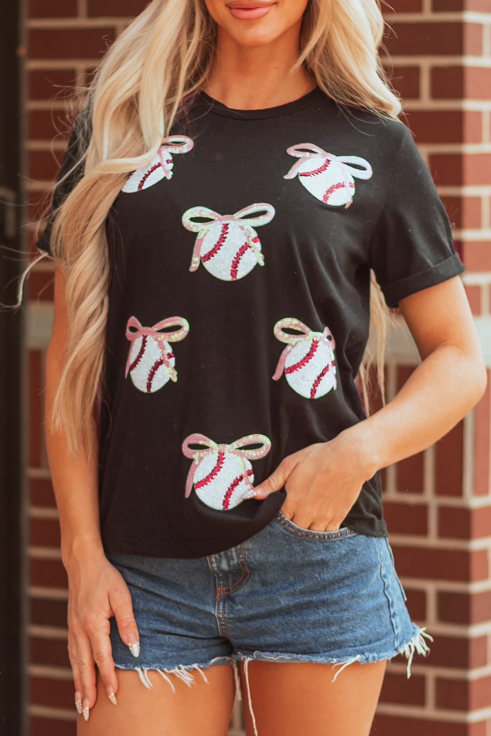 Black Shimmering Sequin Bow Ball Patterned Game Day Casual Tee - Image 7