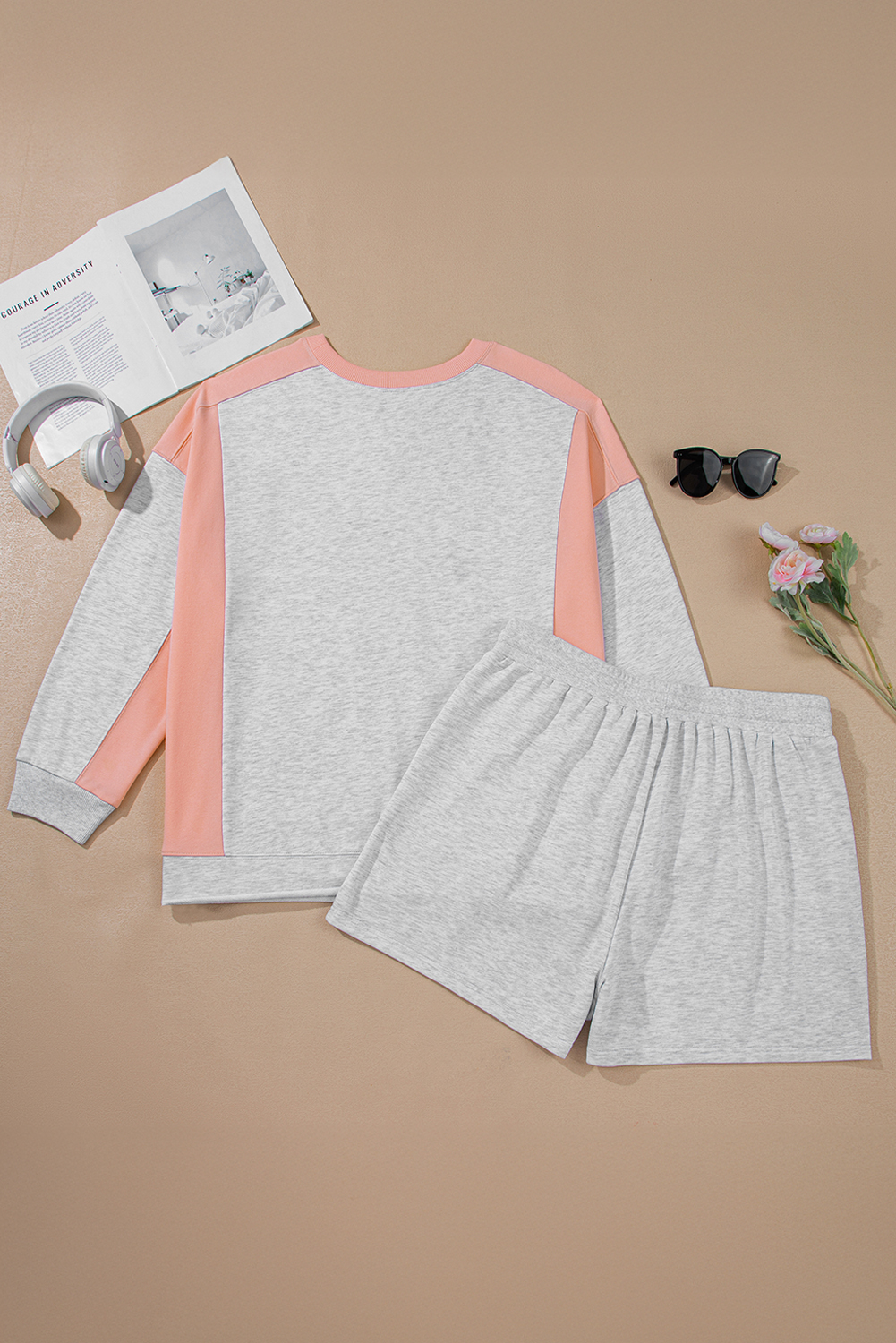 Light Grey Uneven Hem Colorblock Pullover Casual Shorts Plus Size 2pcs Outfit - Image 8