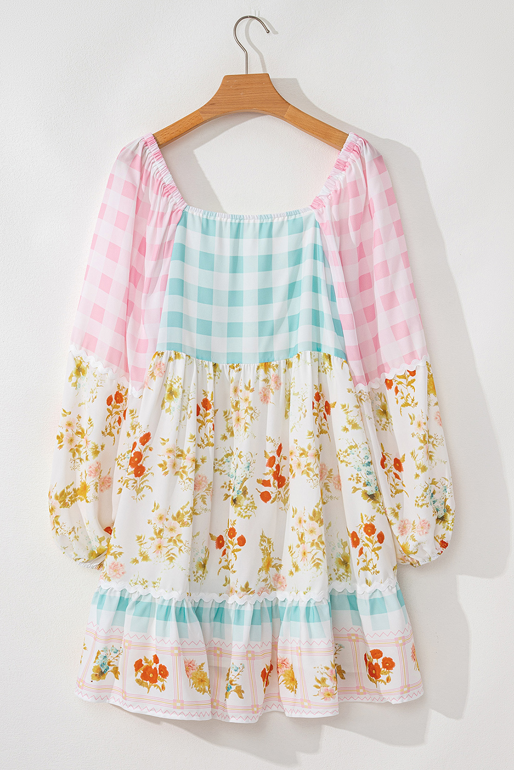 Pink Ric Rac Plaid Floral Print Patchwork Bubble Sleeve Dress - Image 3