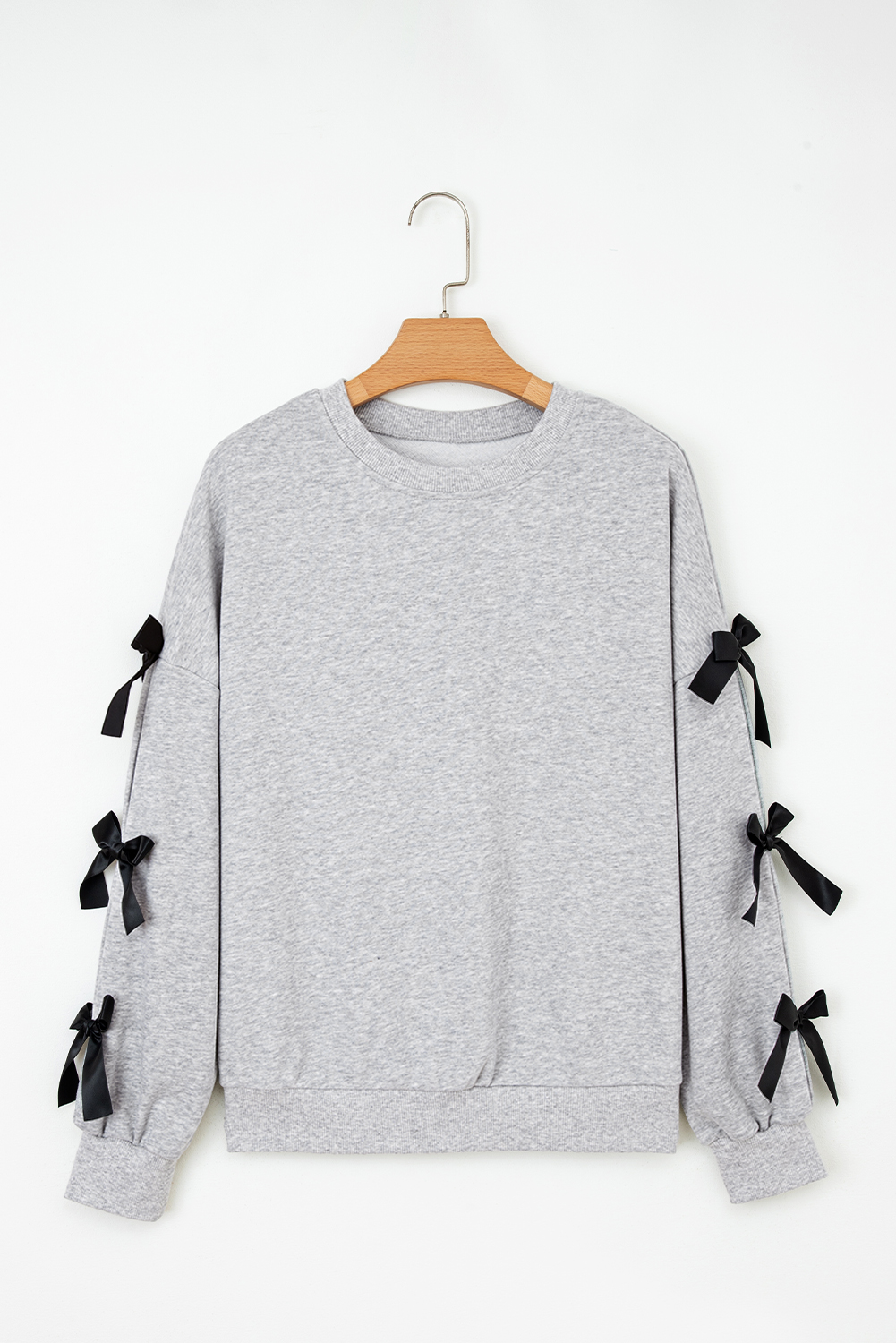 Light Grey Contrast Bow Applique Drop Sleeve Round Neck Sweatshirt - Image 4