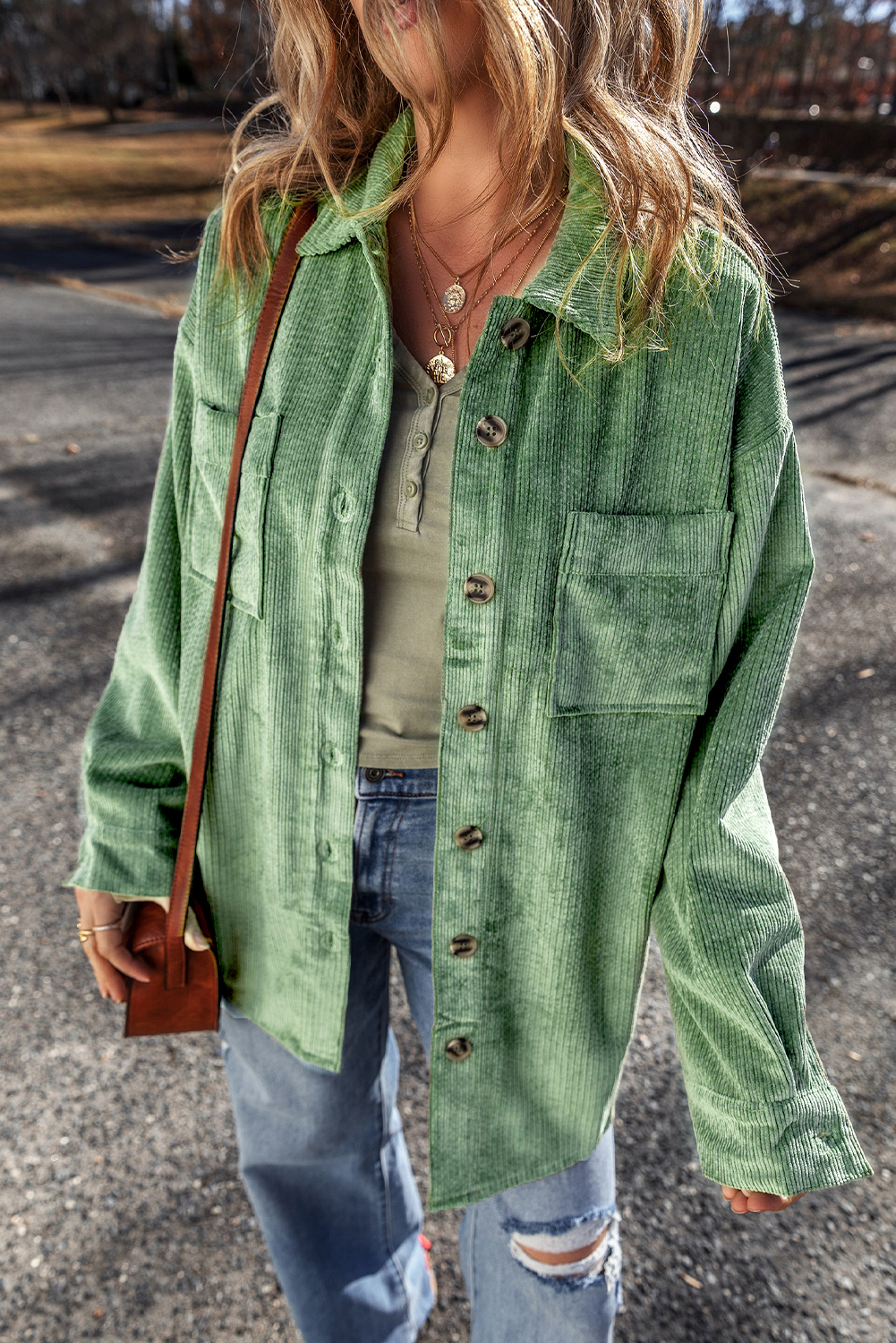 Mist Green Patched Pocket Button Up Corduroy Shacket - Image 6