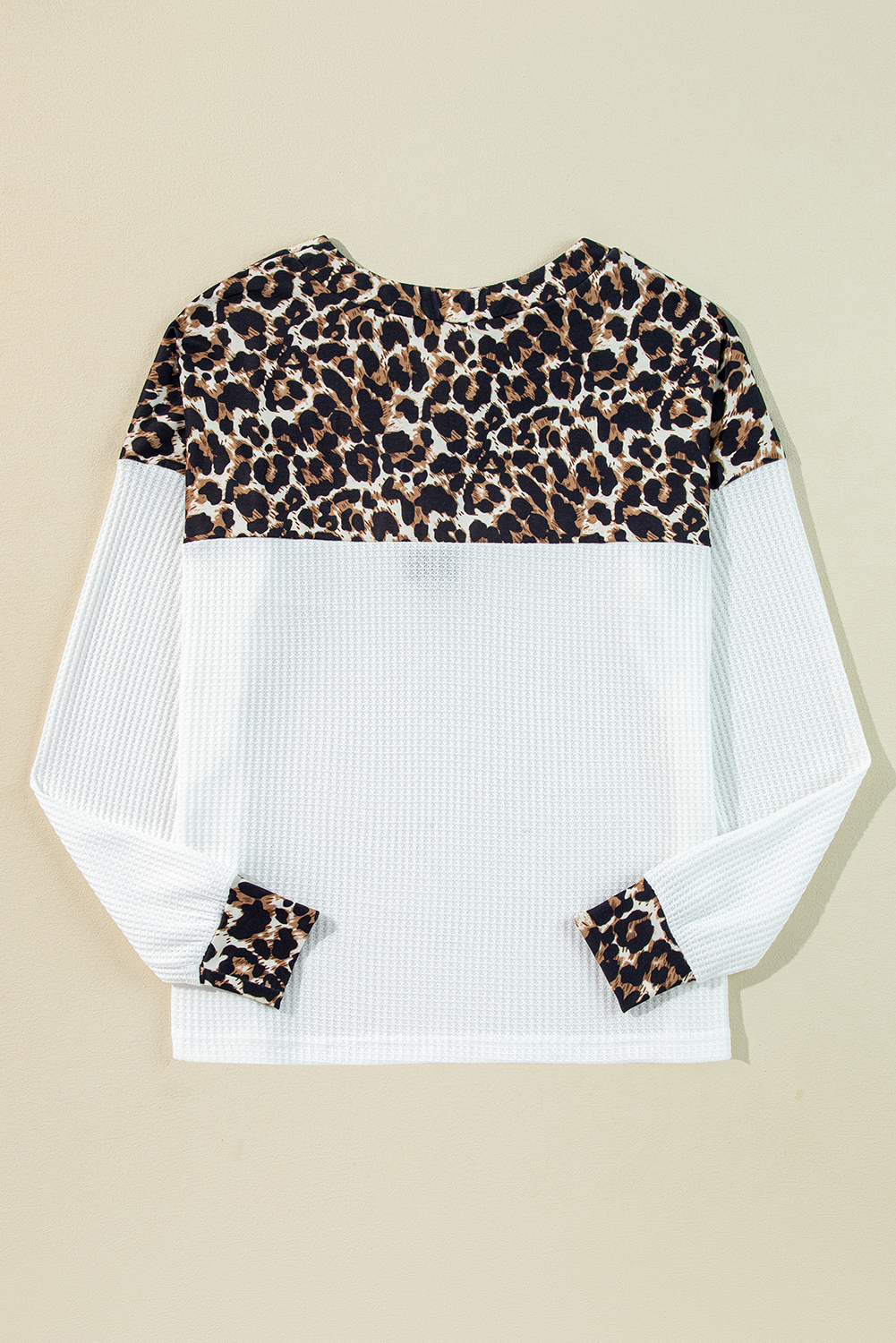 White Leopard Waffle Knit Patchwork Button V Neck Top - Image 5