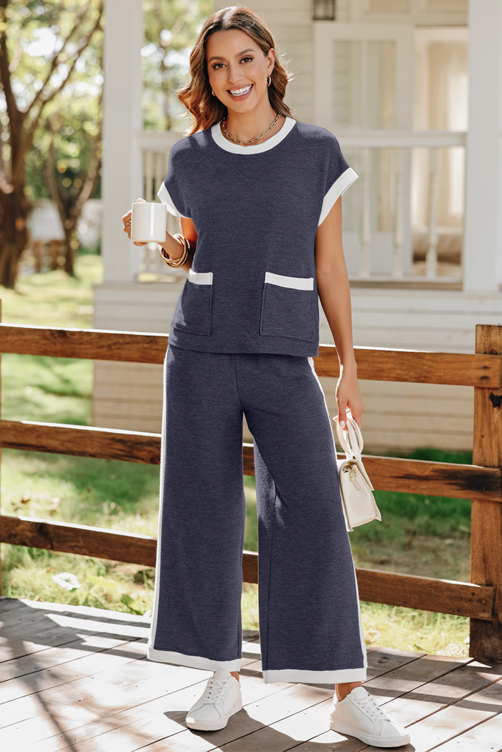 Navy Blue Color Block Pocketed T Shirt and Wide Leg Pants Set - Image 7