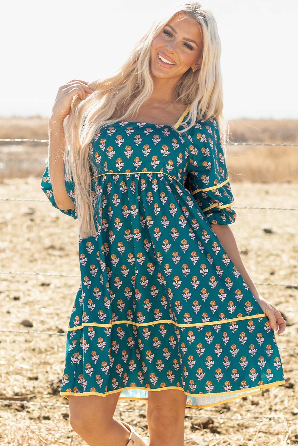 Skobeloff Floral Contrast Trim Square Neck Puff Sleeve Dress - Image 6