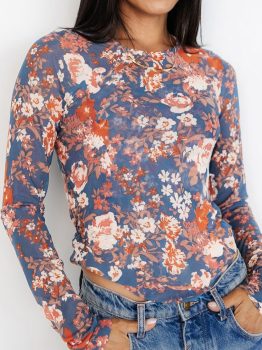 Orchid Petal Floral Print Mesh Fitted Long Sleeve Top